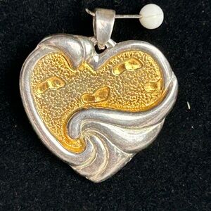 Gorham Sterling Silver and Gold tone Heart Necklace Footsteps in the Sand VTG